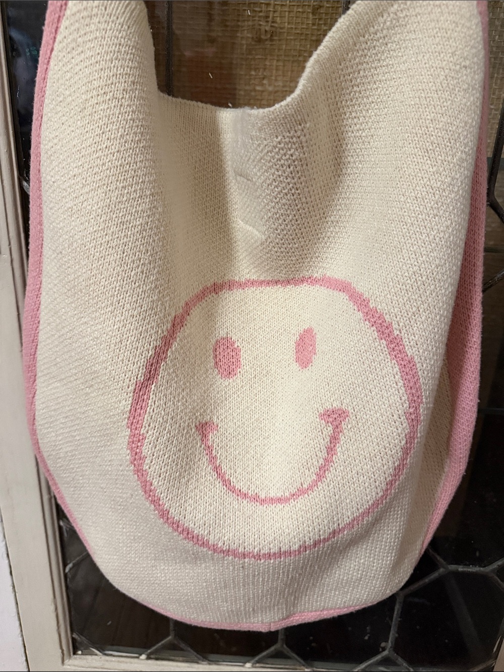 Cream and Pink Knit Smiley Shoulder Bag
